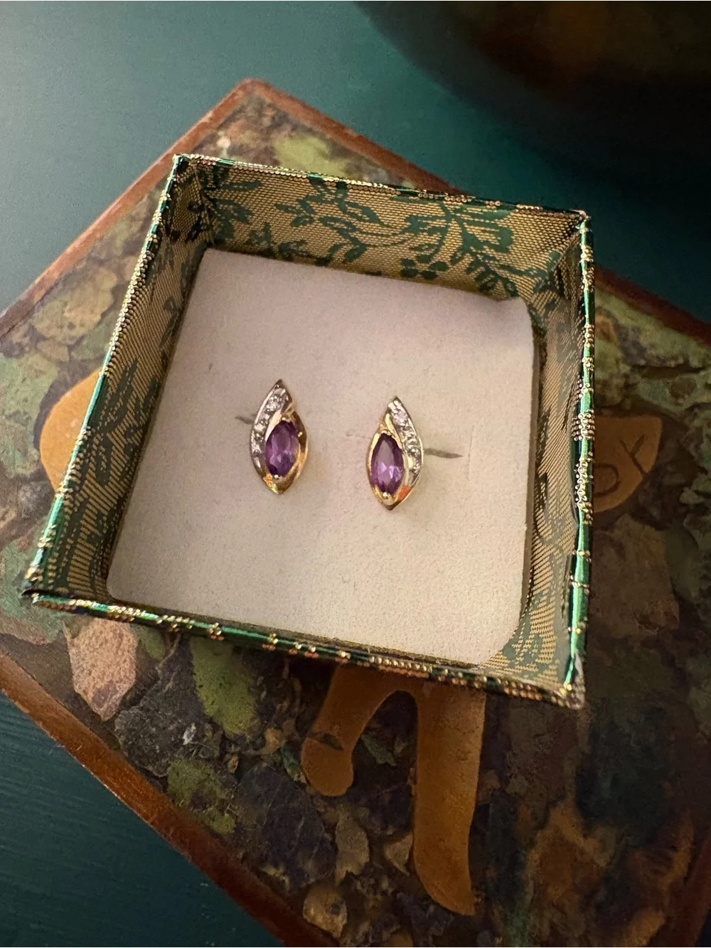 10k Gold Marquise Amethyst Stud Earrings with Diamond Accents